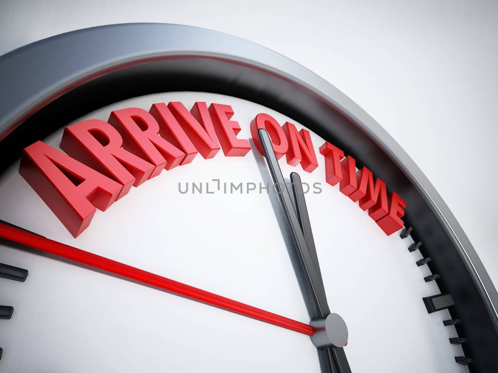 Clock with arrive on time text. 3D illustration.