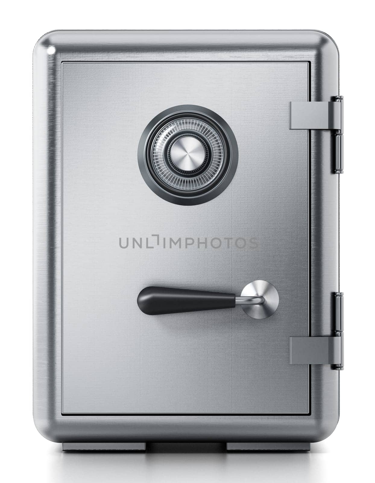 Steel safe with closed door isolated on white background. 3D illustration.