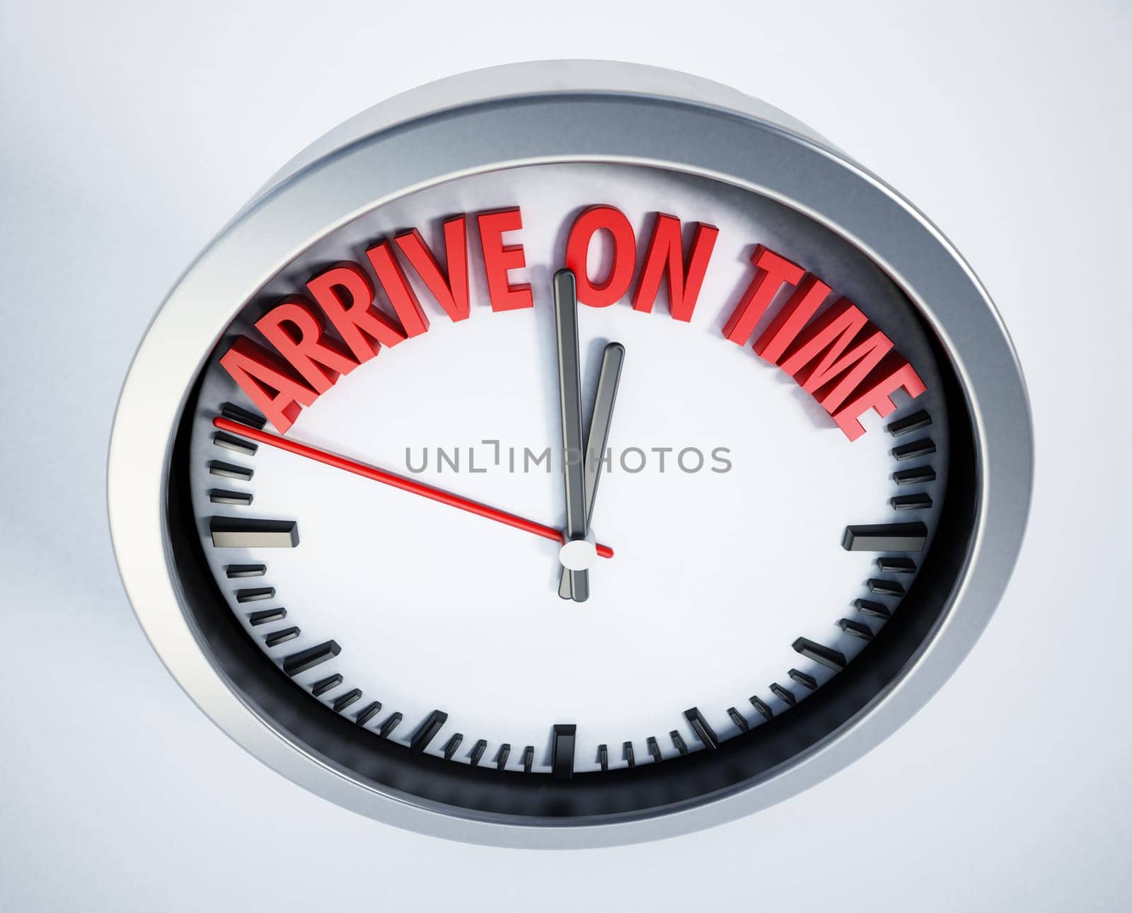 Clock with arrive on time text. 3D illustration.