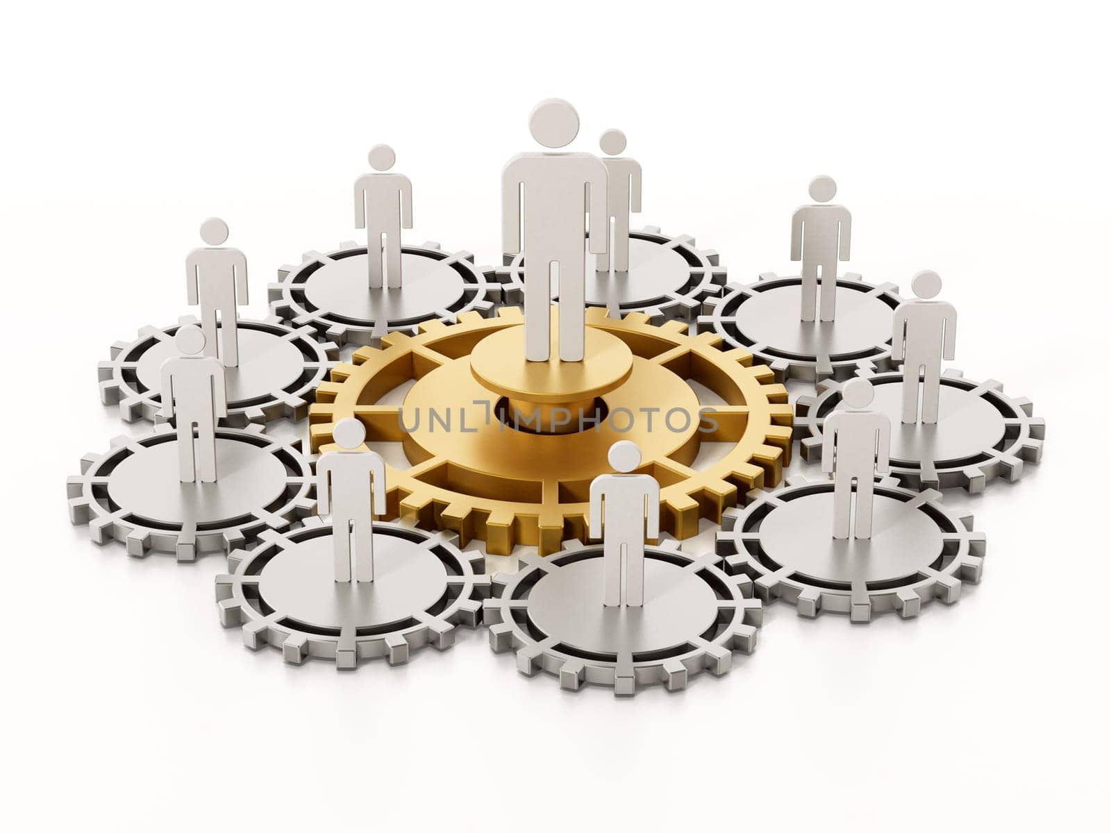 People standing on connected gears. 3D illustration.