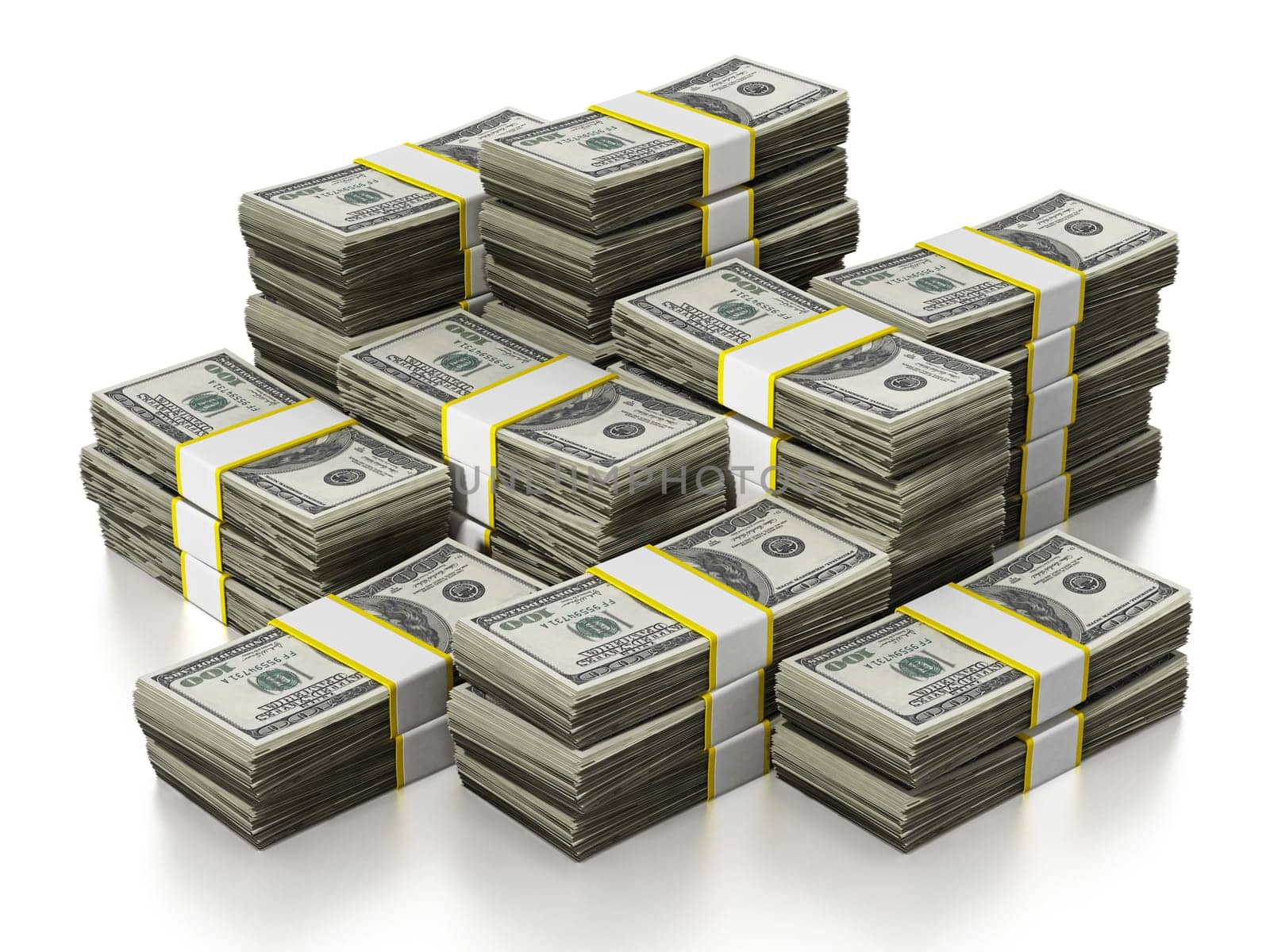 100 Dollar lots stack isolated on white background. 3D illustration.