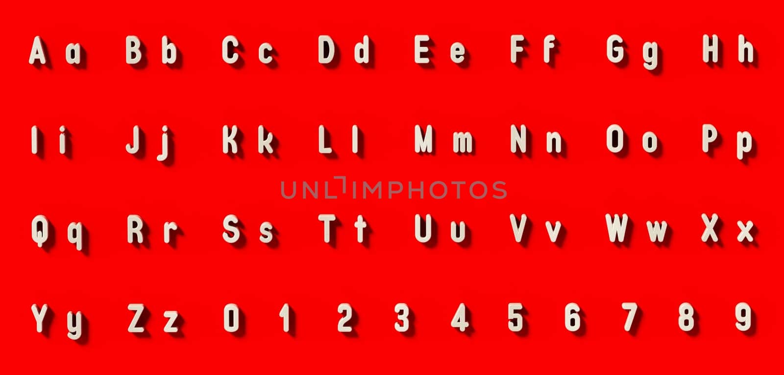 White letters and numbers on red background. 3D illustration.