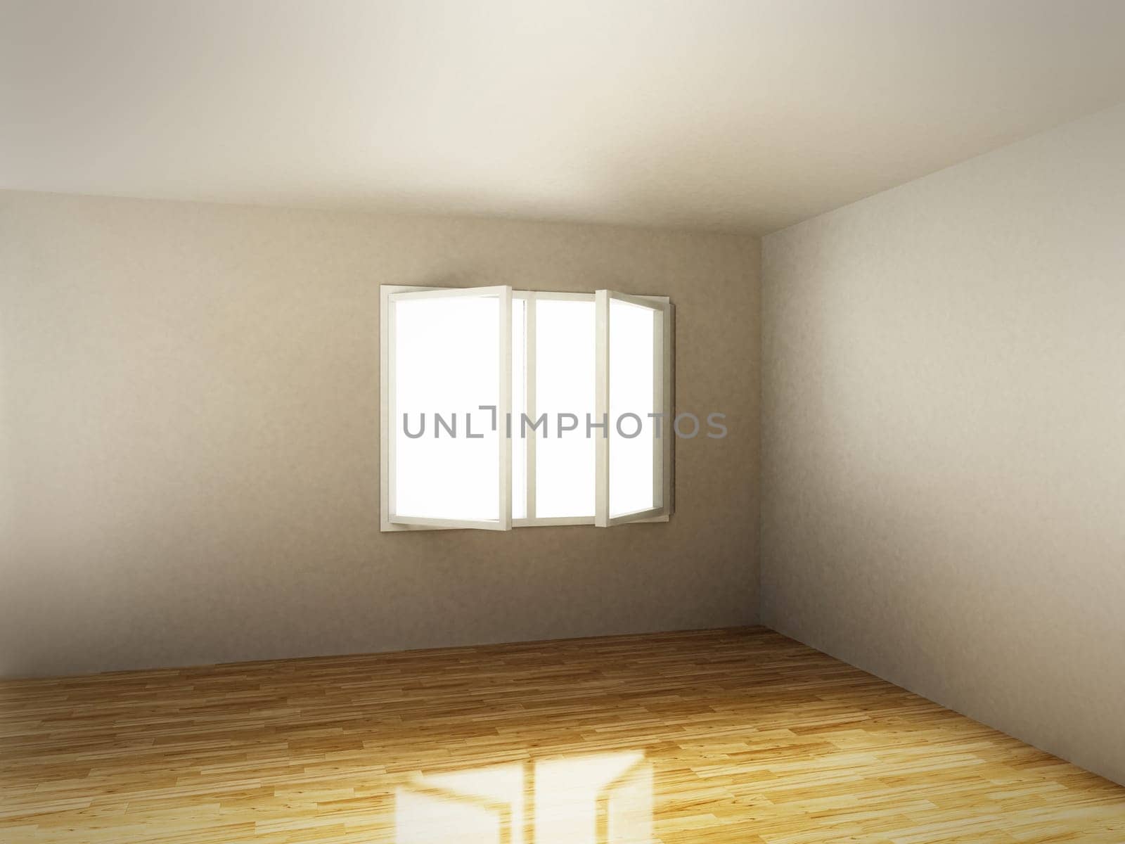 Empty room with white walls and hardwood floor. 3D illustration.