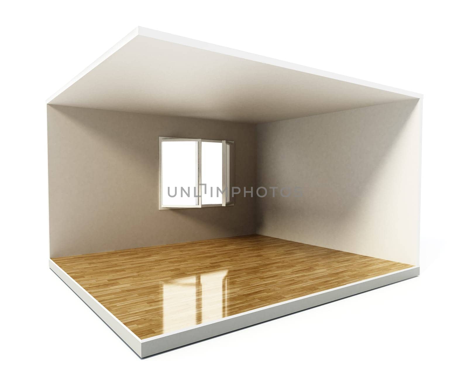 Empty room with white walls and hardwood floor. 3D illustration.