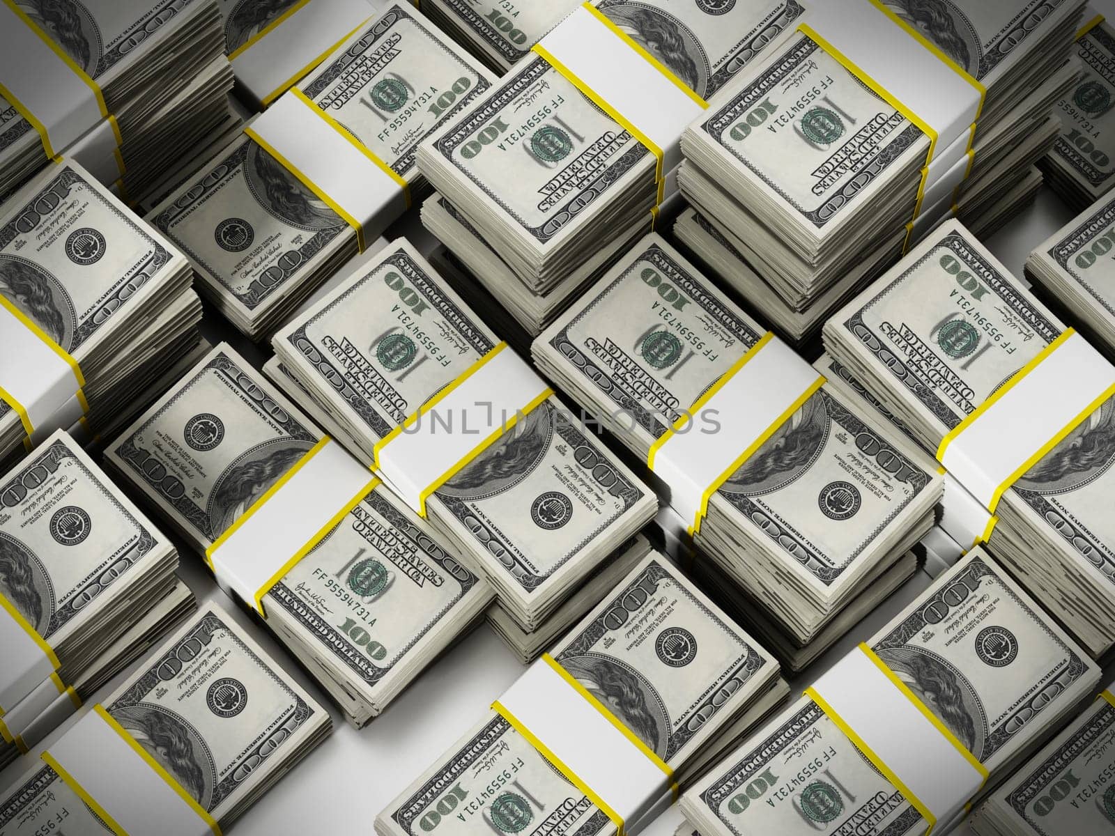 100 Dollar lots stack money background. 3D illustration