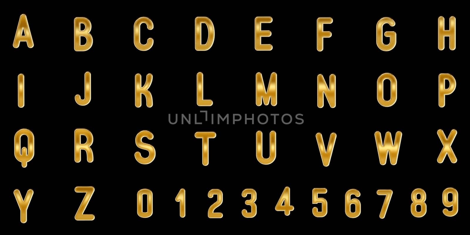 Gold capital letters and numbers on black background. 3D illustration.