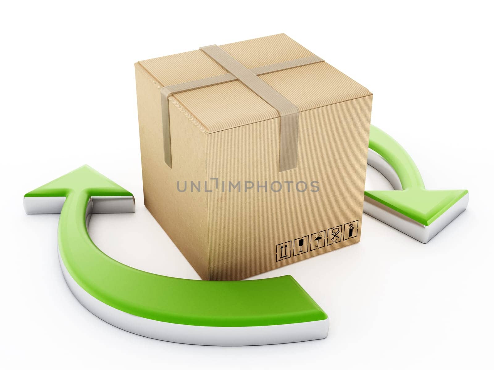 Cardboard box standing among the recycle arrows. 3D illustration.