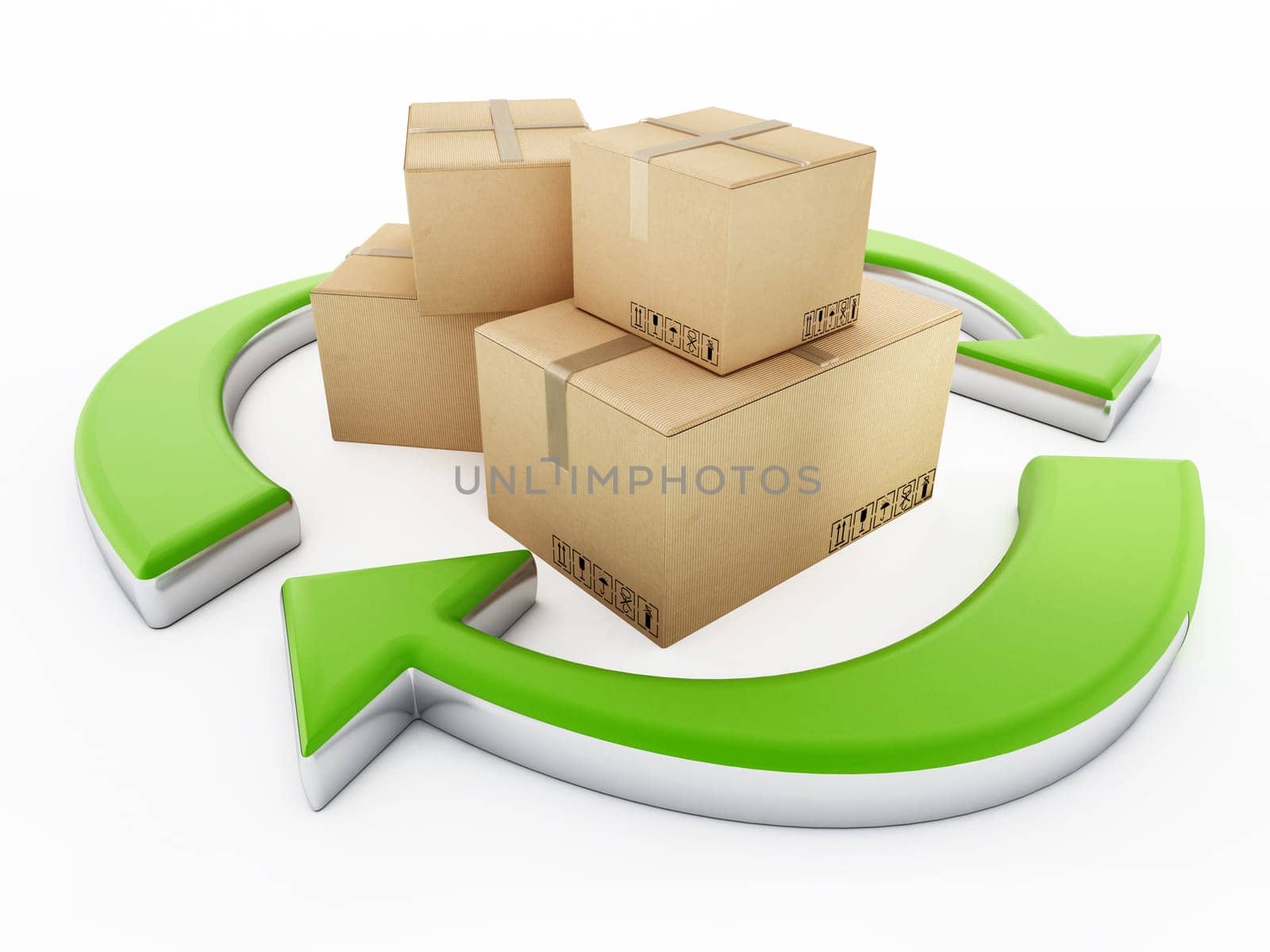 Cardboard box standing among the recycle arrows. 3D illustration.
