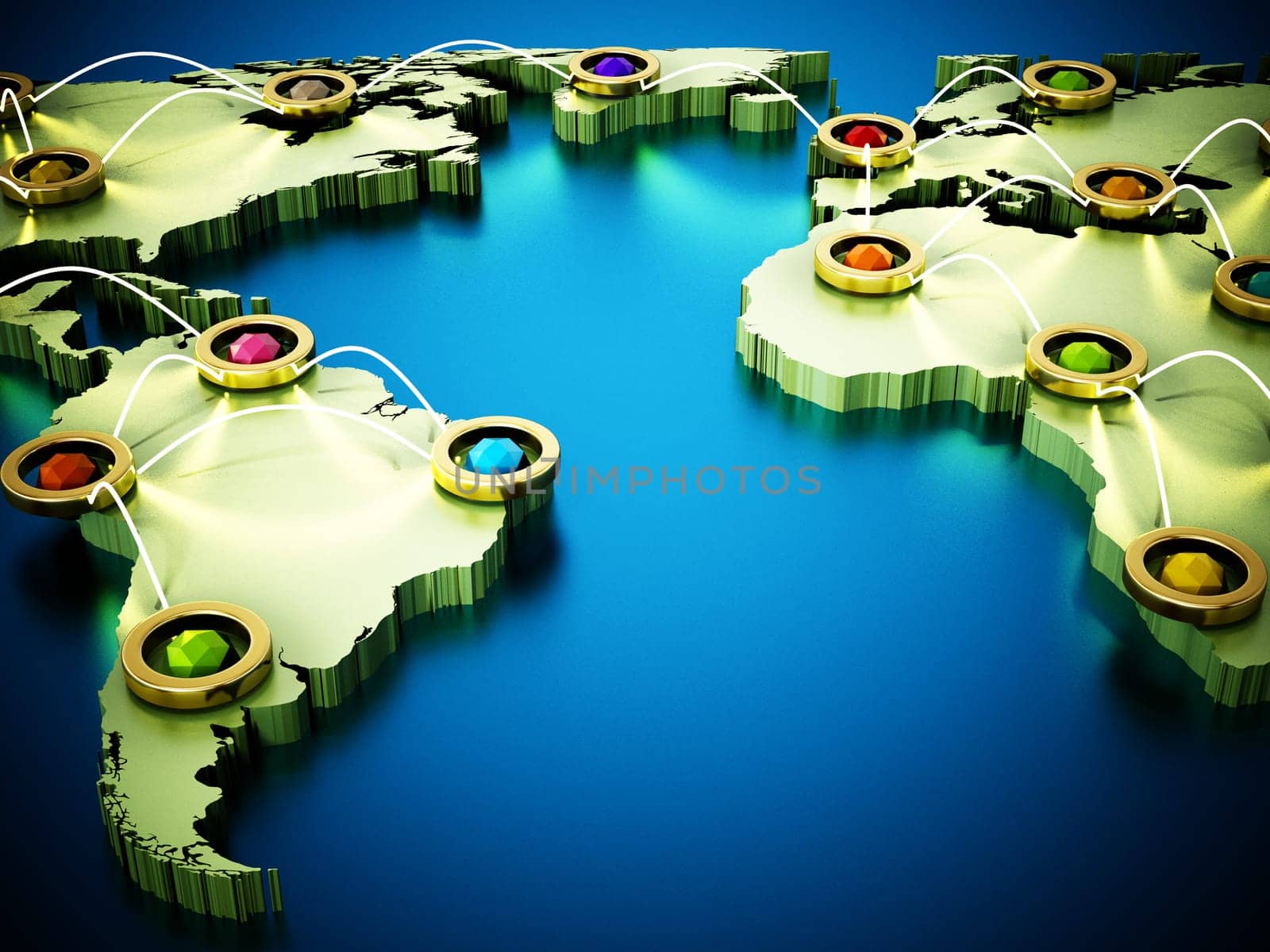 Flight or internet network on 3D world map. 3D illustration.