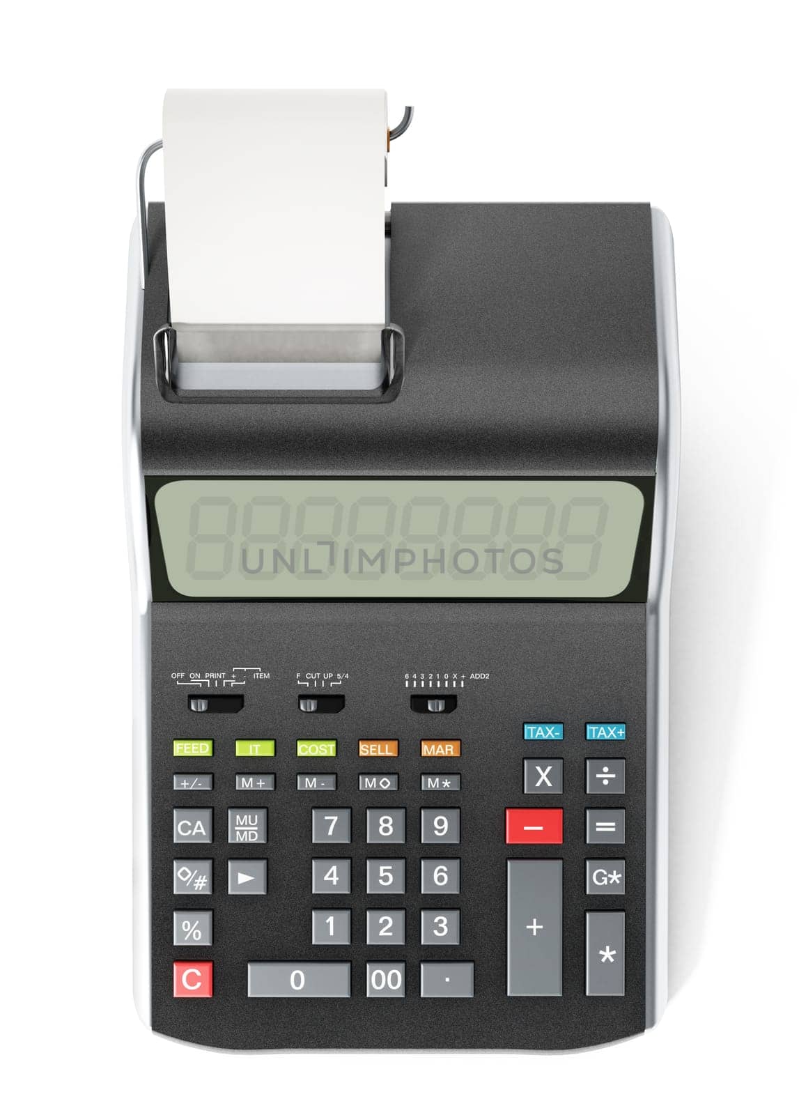 Print calculator isolated on white background.3 D illustration.