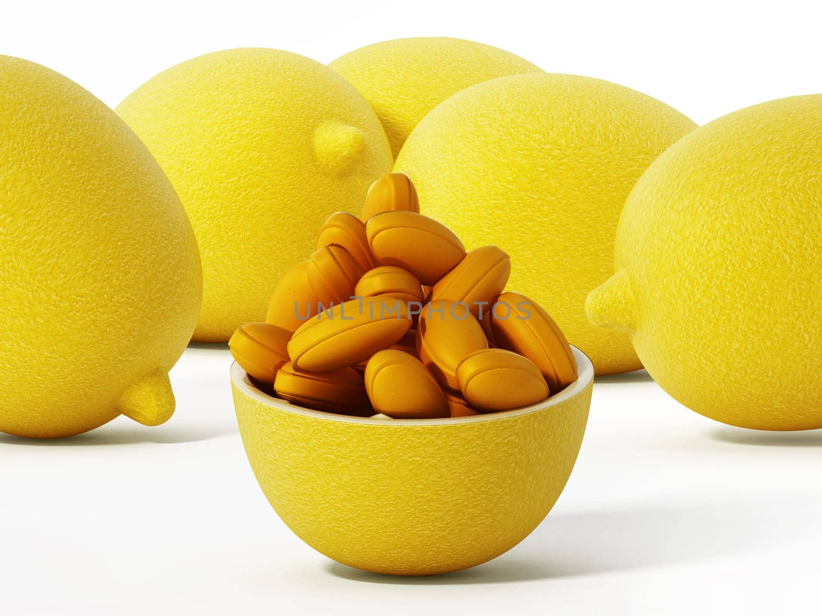 Vitamin C pills inside half lemon isolated on white background. 3D illustration.