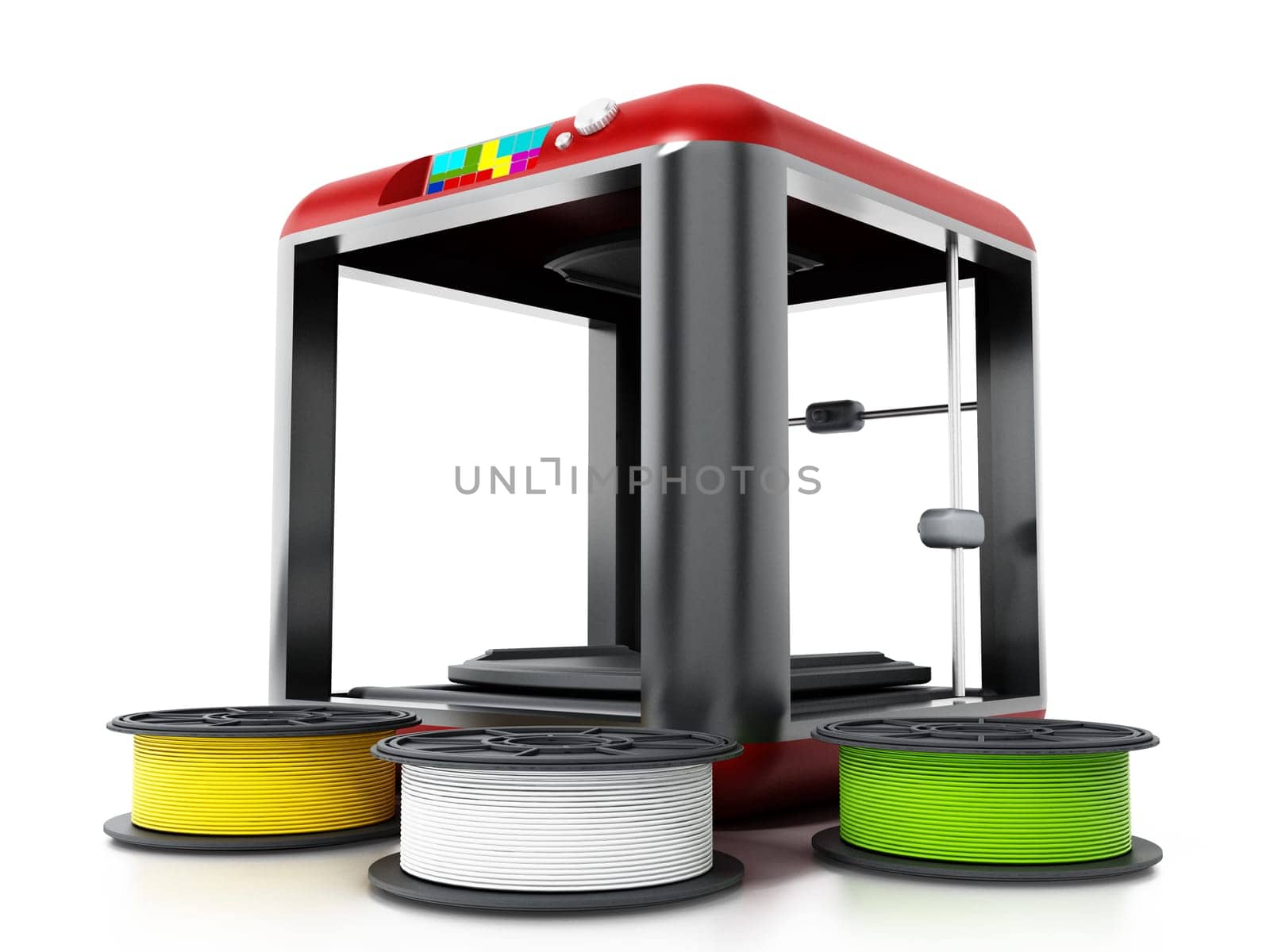 3D printer and spare filaments. 3D illustration.