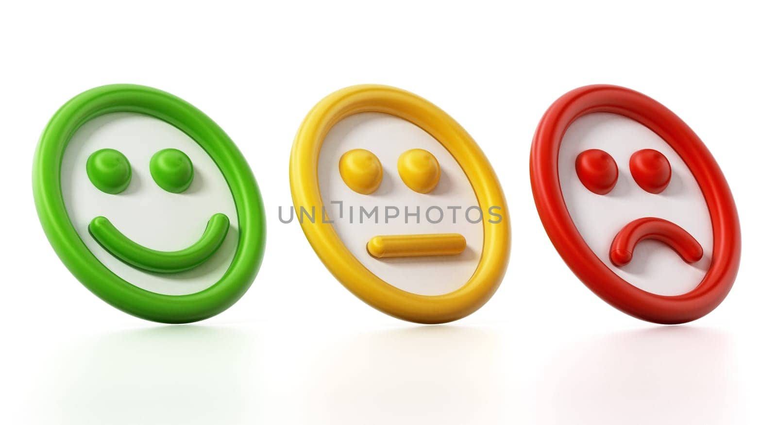 Green, yellow and red faces showing satisfaction levels. 3D illustration.