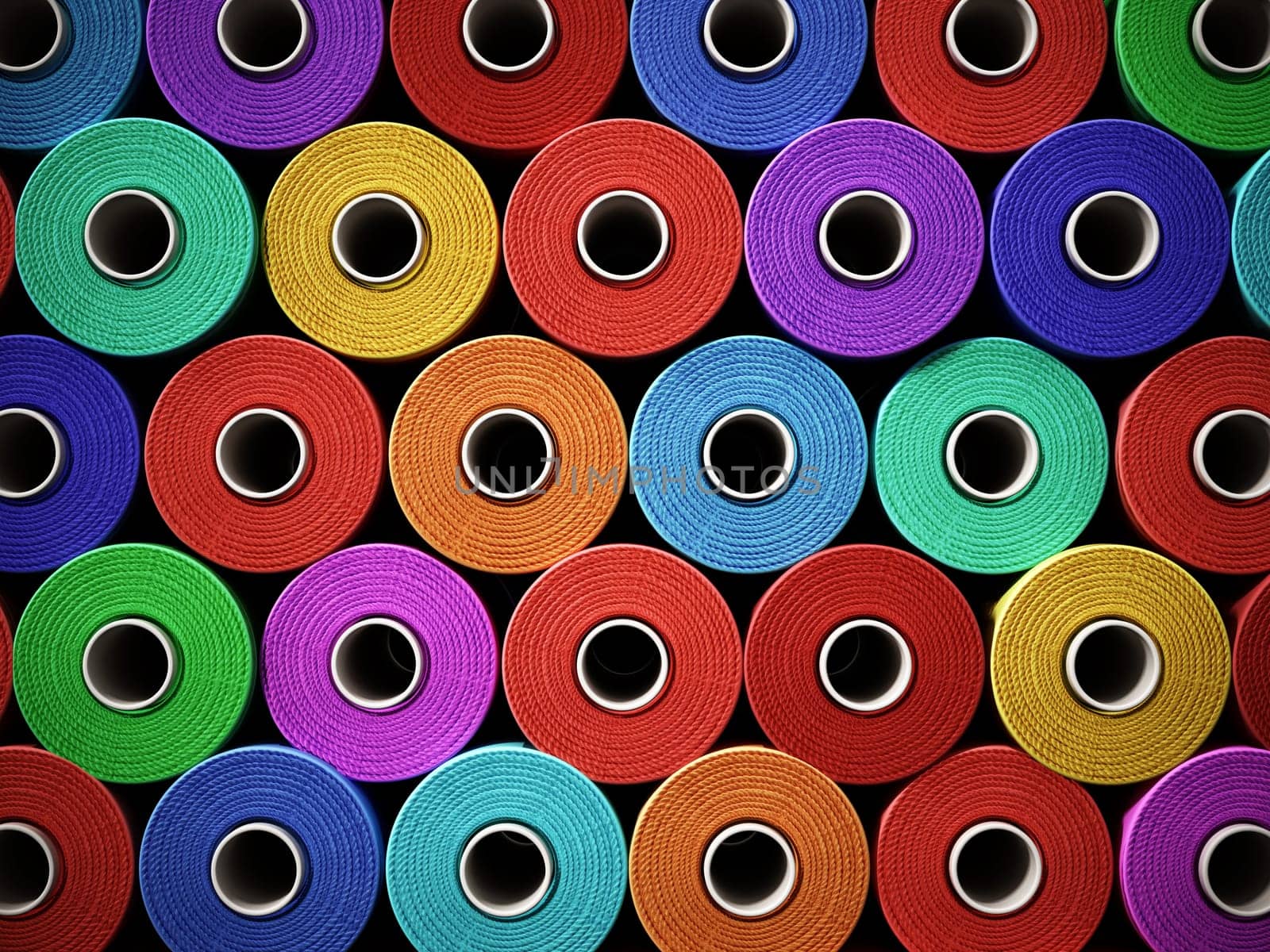 Multi colored stacked threads background. 3D illustration.