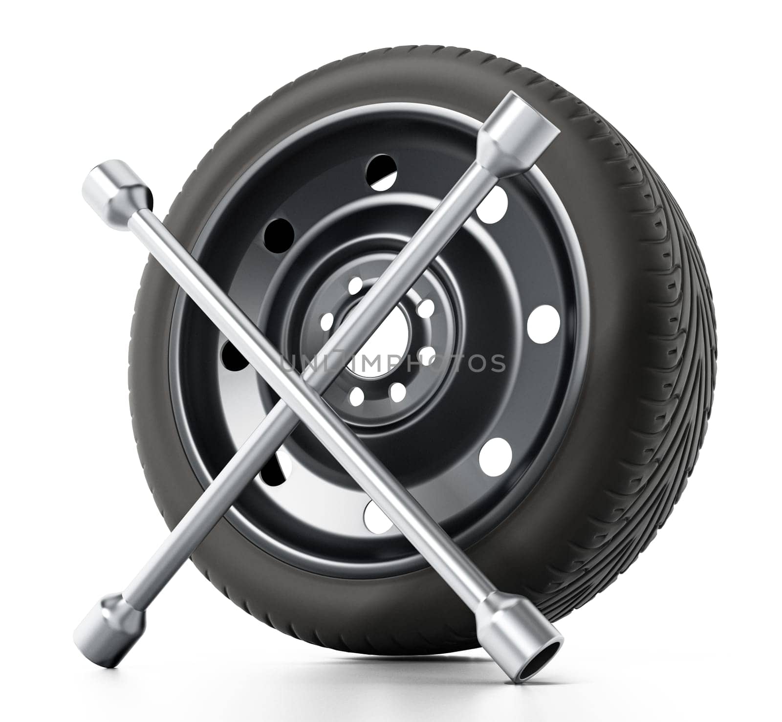 Spare car tyre and wheel nut wrench isolated on white background. 3D illustration.