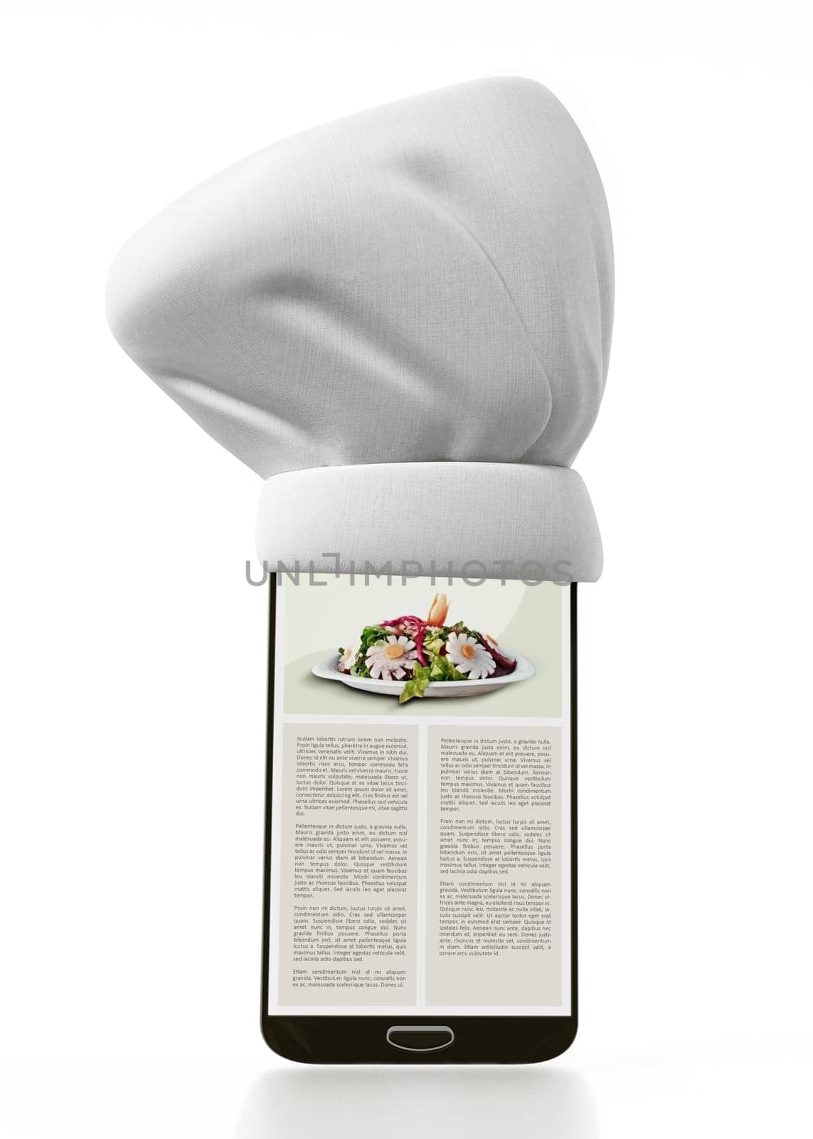 Chef's hat standing on smartphone. 3D illustration.