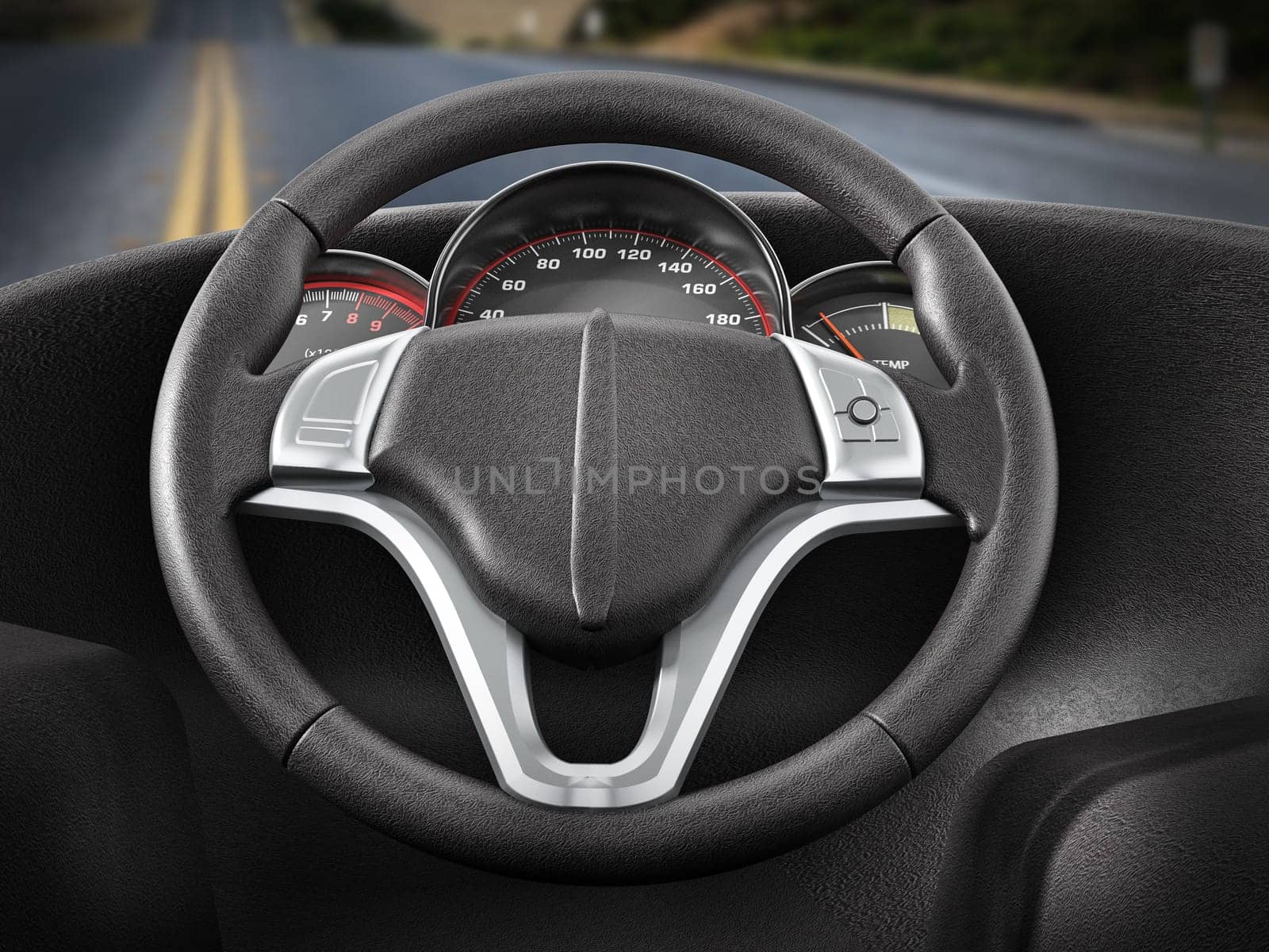 View of the road from the driver seat. 3D illustration.