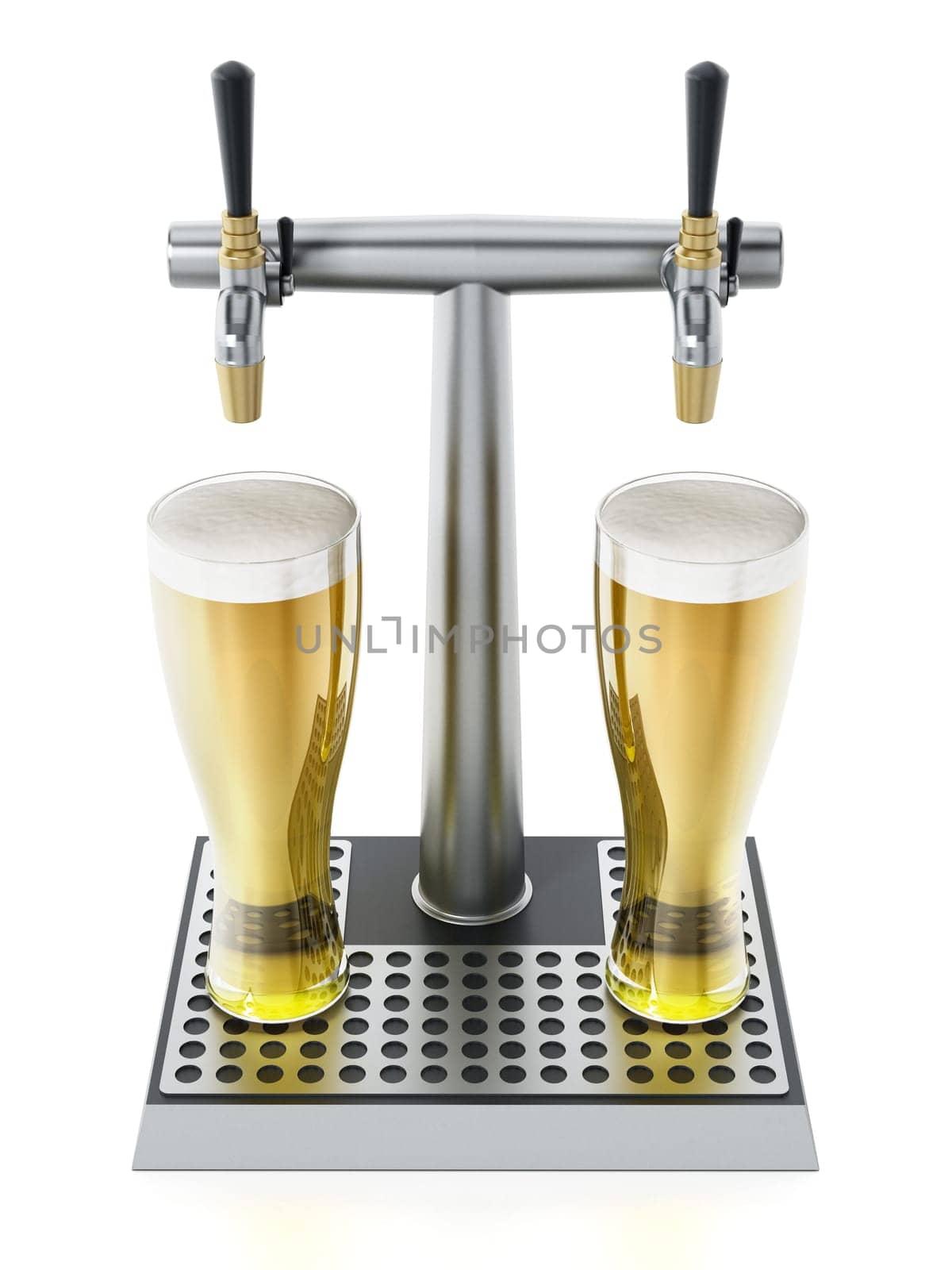 Two glasses of beer under alcoholic beverage taps. 3D illustration.