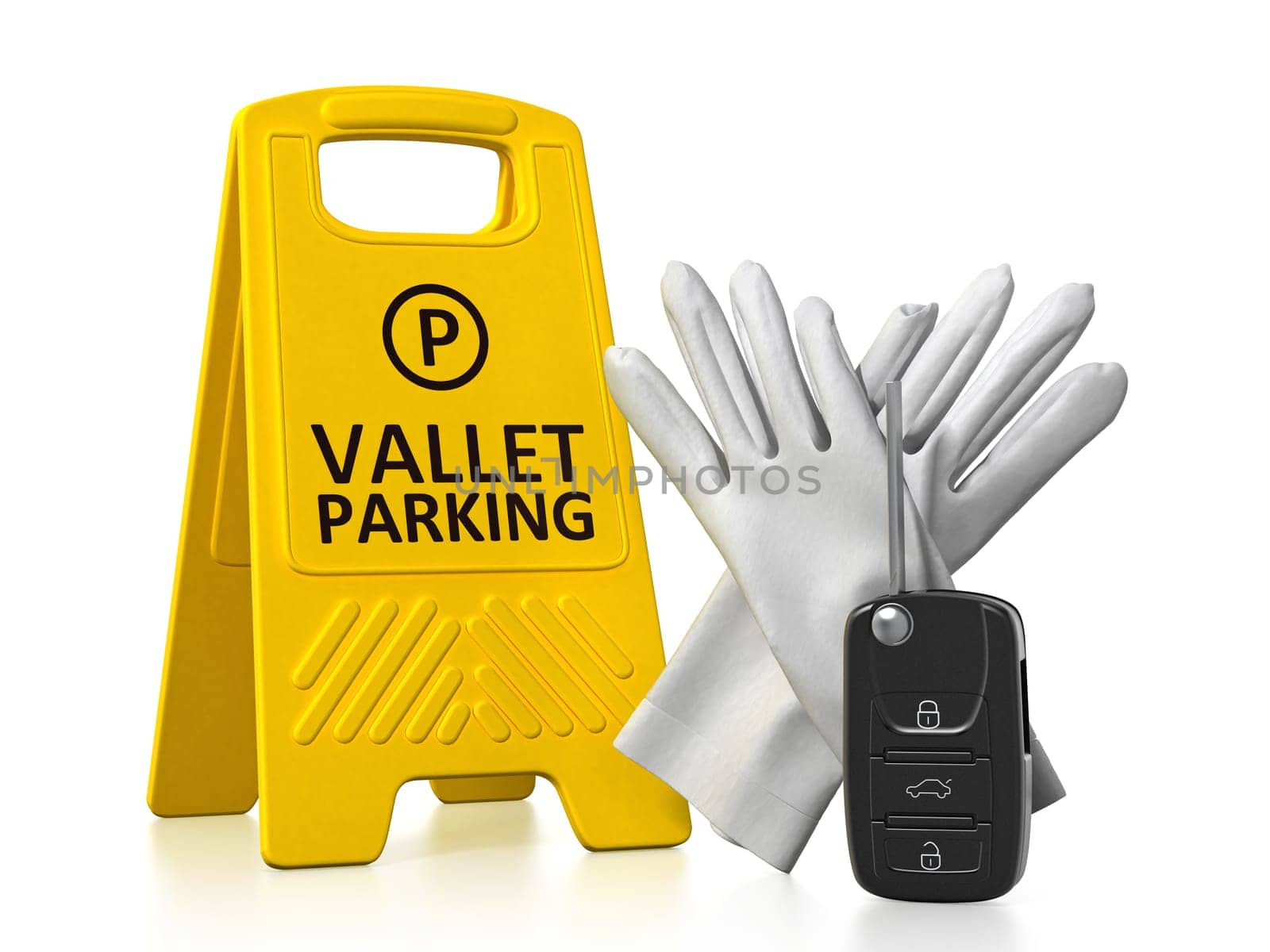 Car key, vallet parking board and white gloves. 3D illustration.