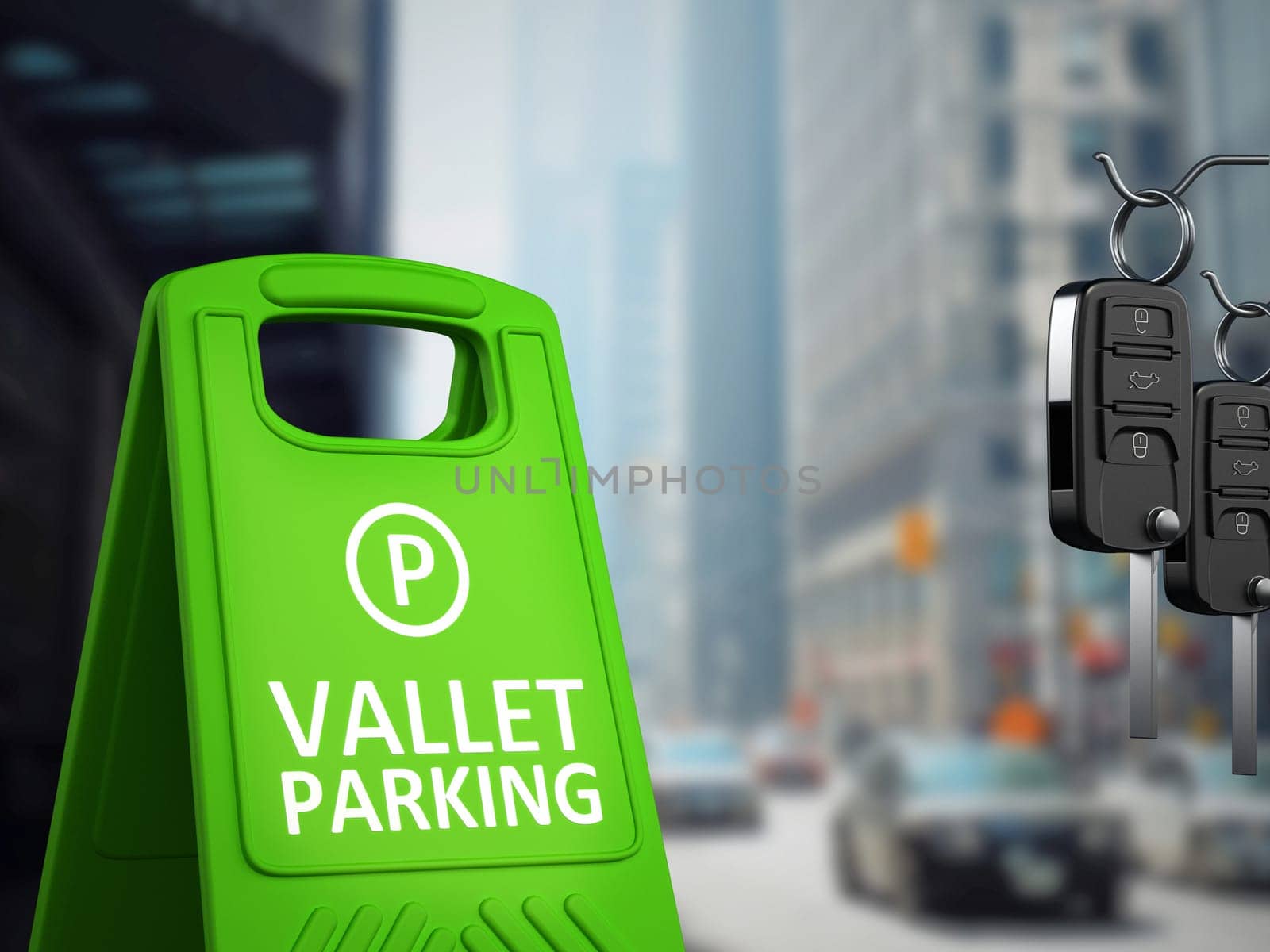 Car keys and vallet parking board on big city background. 3D illustration.