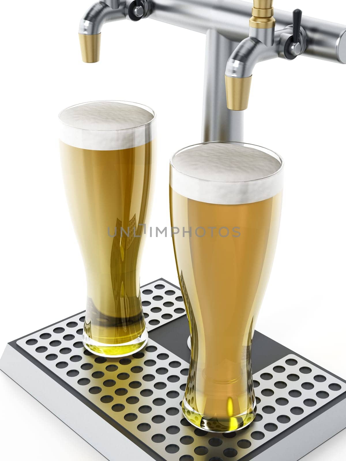 Two glasses of beer under alcoholic beverage taps. 3D illustration.