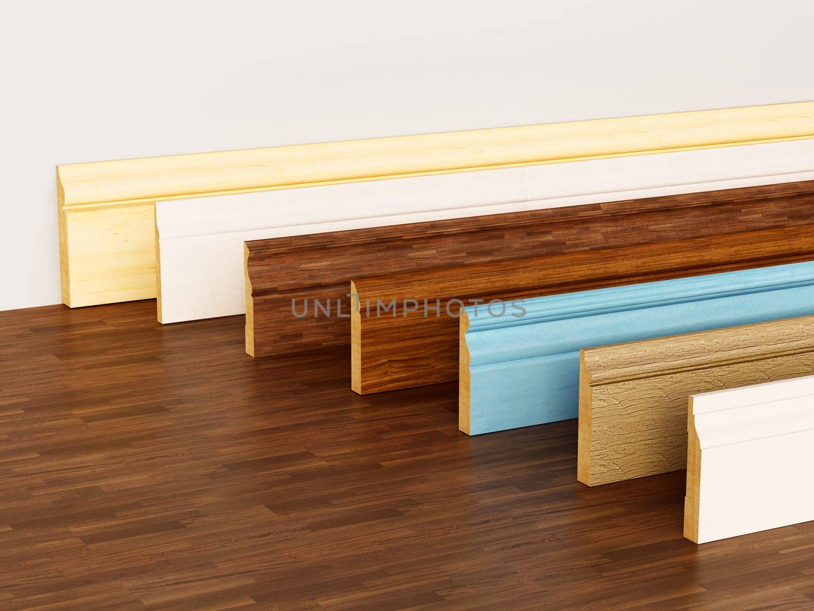 Baseboards with various profiles standing on hardwood surface. 3D illustration.