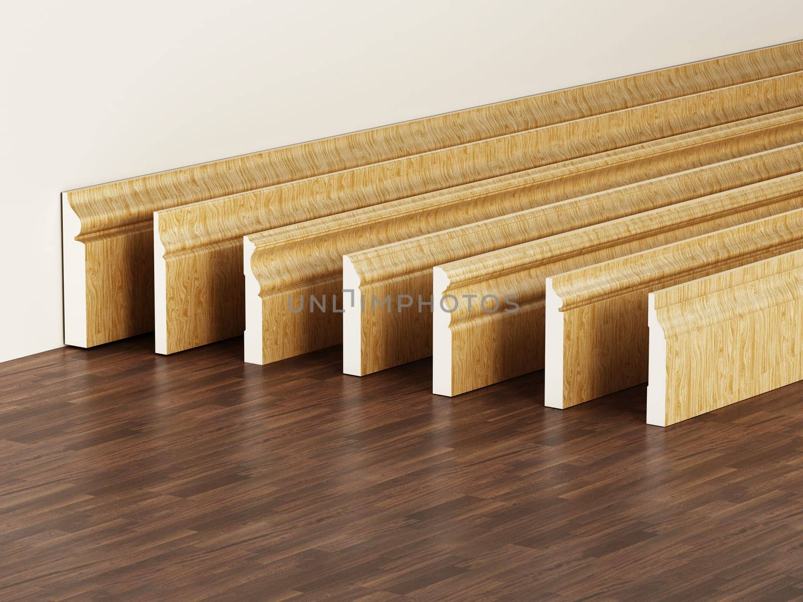 Baseboards with various profiles standing on hardwood surface. 3D illustration.