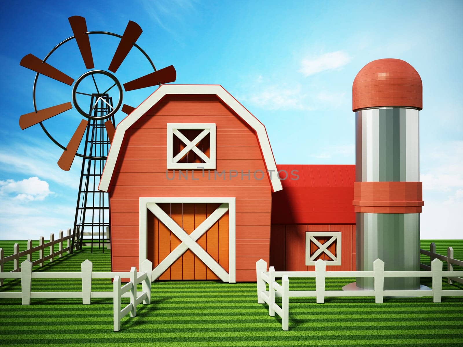 Farmhouse with windmill and silo standing on green area. 3D illustration.