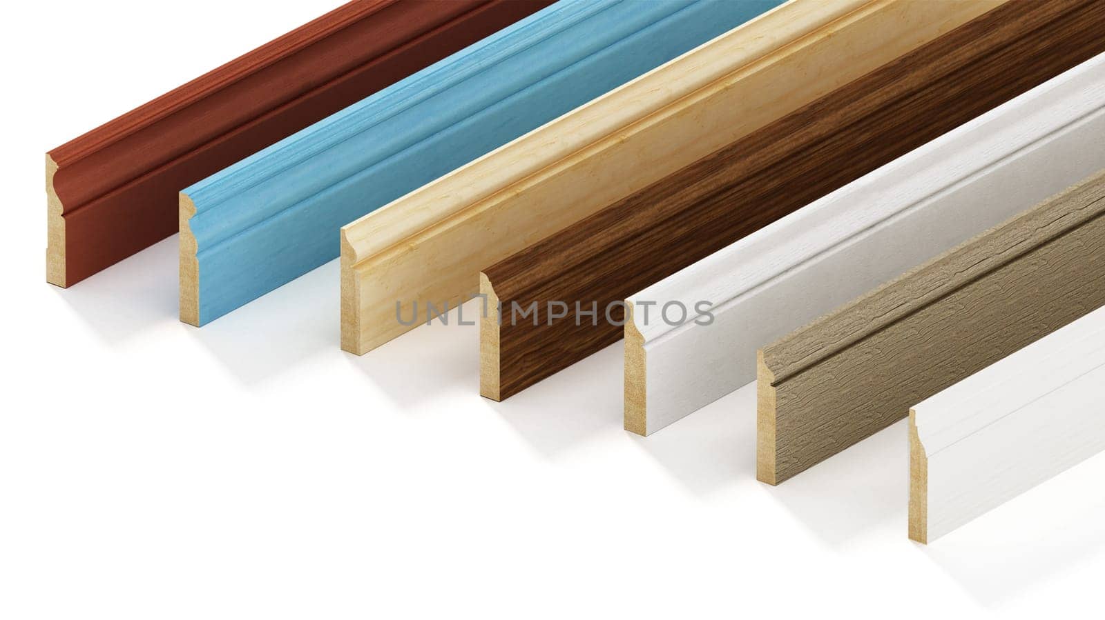 Baseboards with various profiles isolated on white background. 3D illustration.