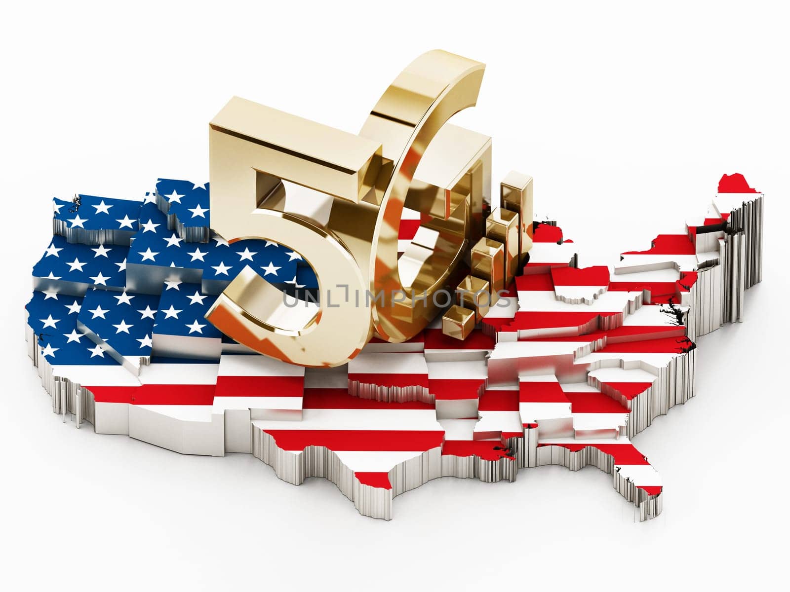 5G word standing on USA map covered with American flag. 3D illustration.
