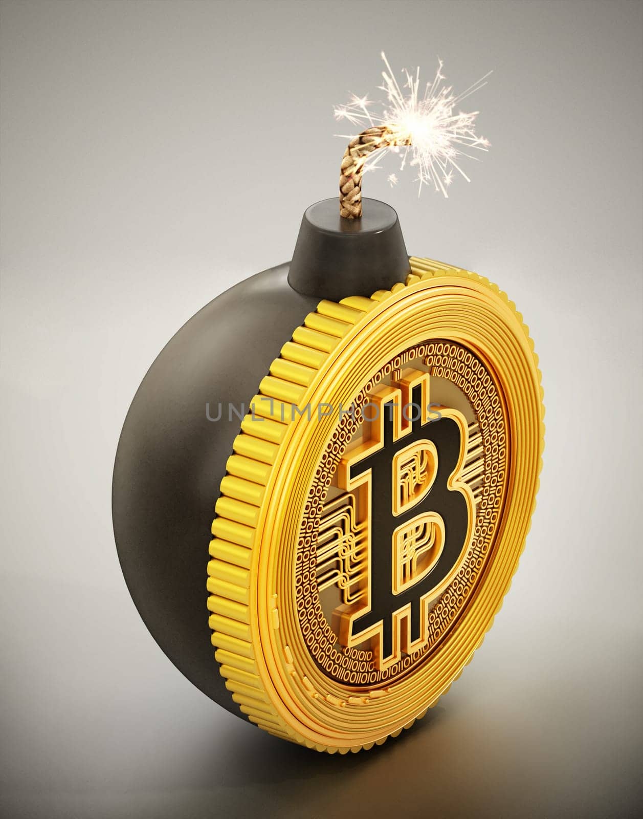 Bitcoin bomb with burning fuse. 3D illustration.