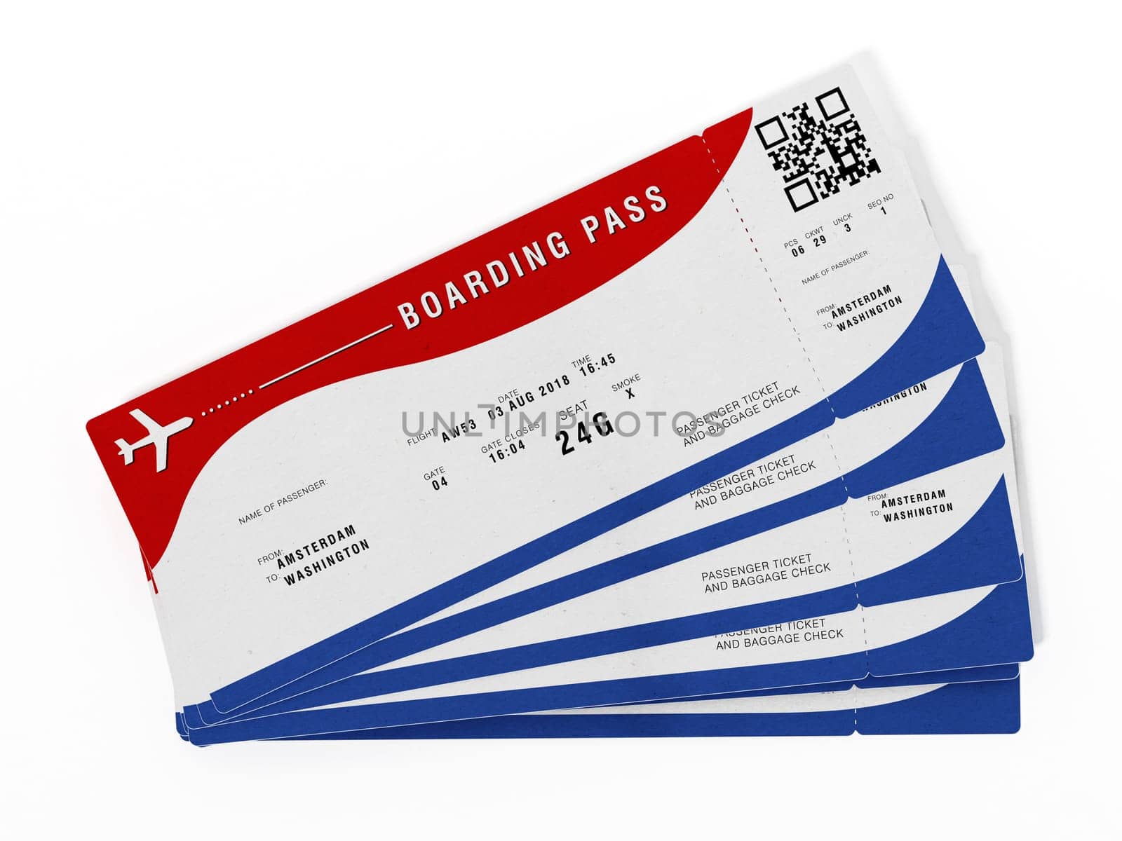 Boarding pass with fictitious numbers and names. 3D illustration.