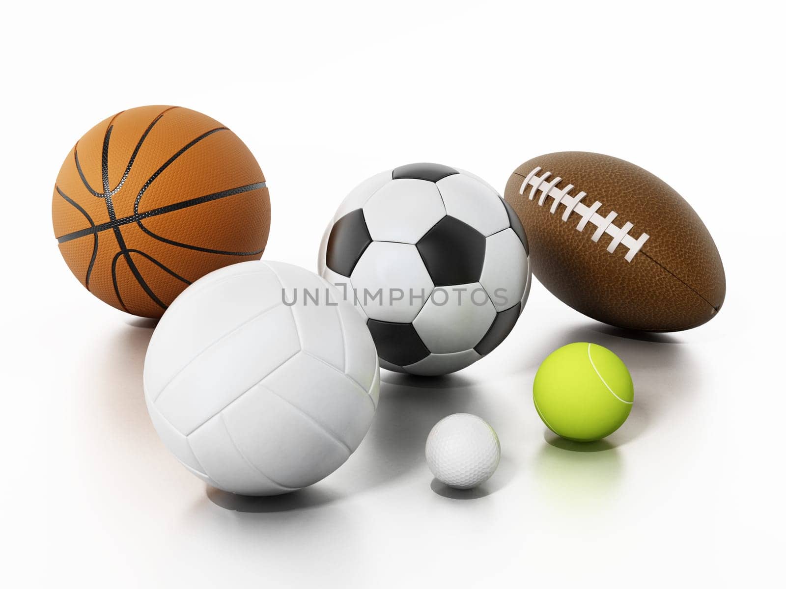 Sports balls isolated on white background. 3D illustration.