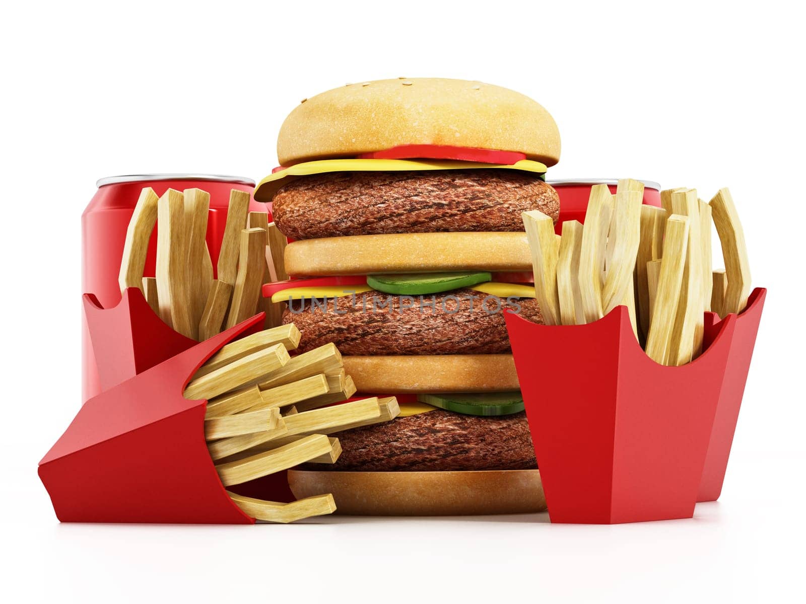 Triple sized hamburger, french fries and soda. 3D illustration.