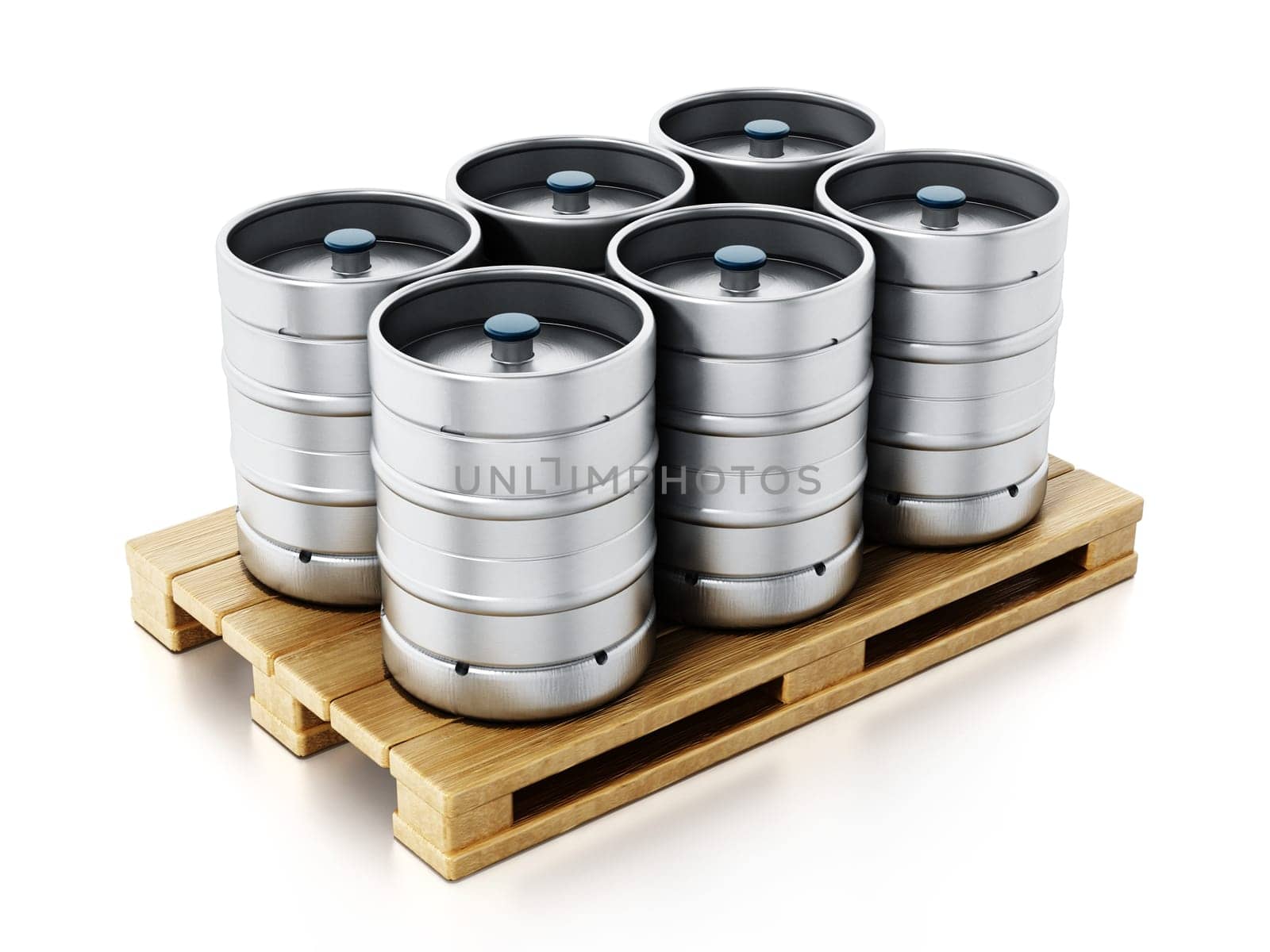 Stack of metal beer kegs standing on wooden pallette. 3D illustration.