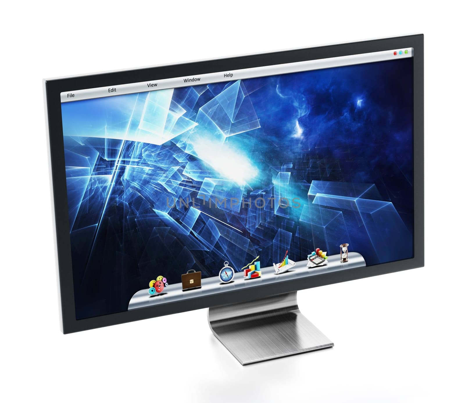 Computer monitor with blue desktop wallpaper. 3D illustration.