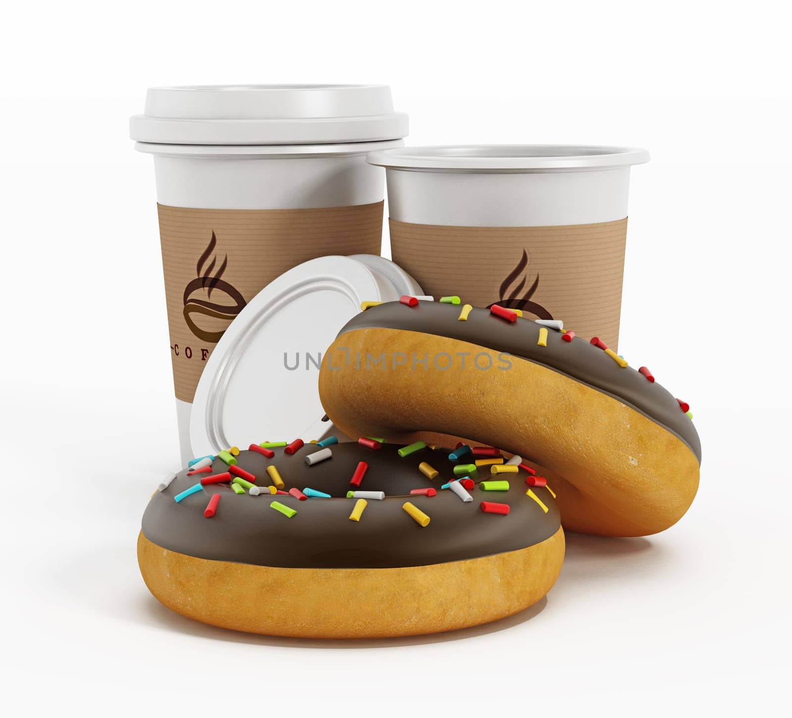 Coffee cup and donuts isolated on white background. 3D illustration.