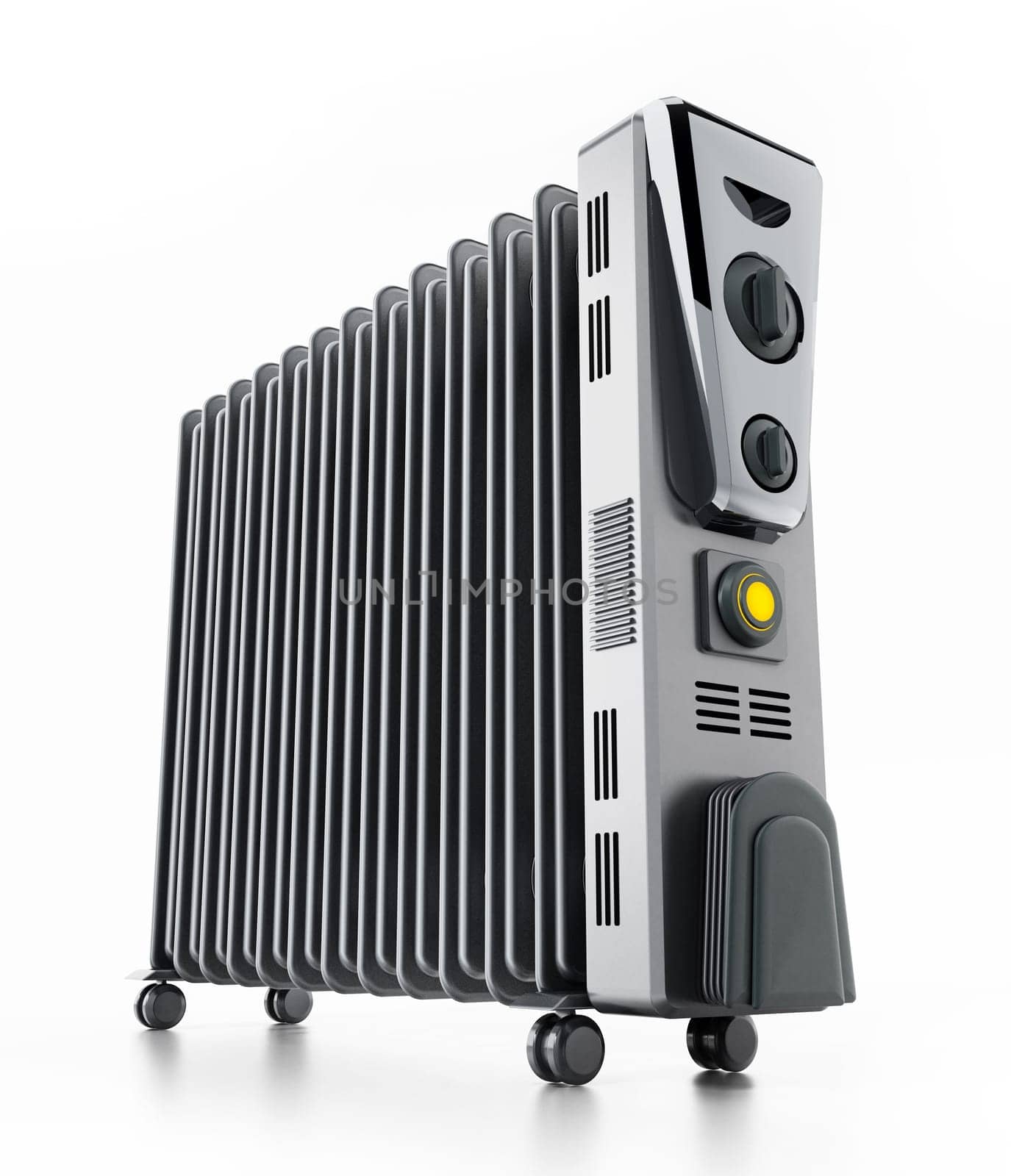 Modern oil radiator isolated on white background. 3D illustration.