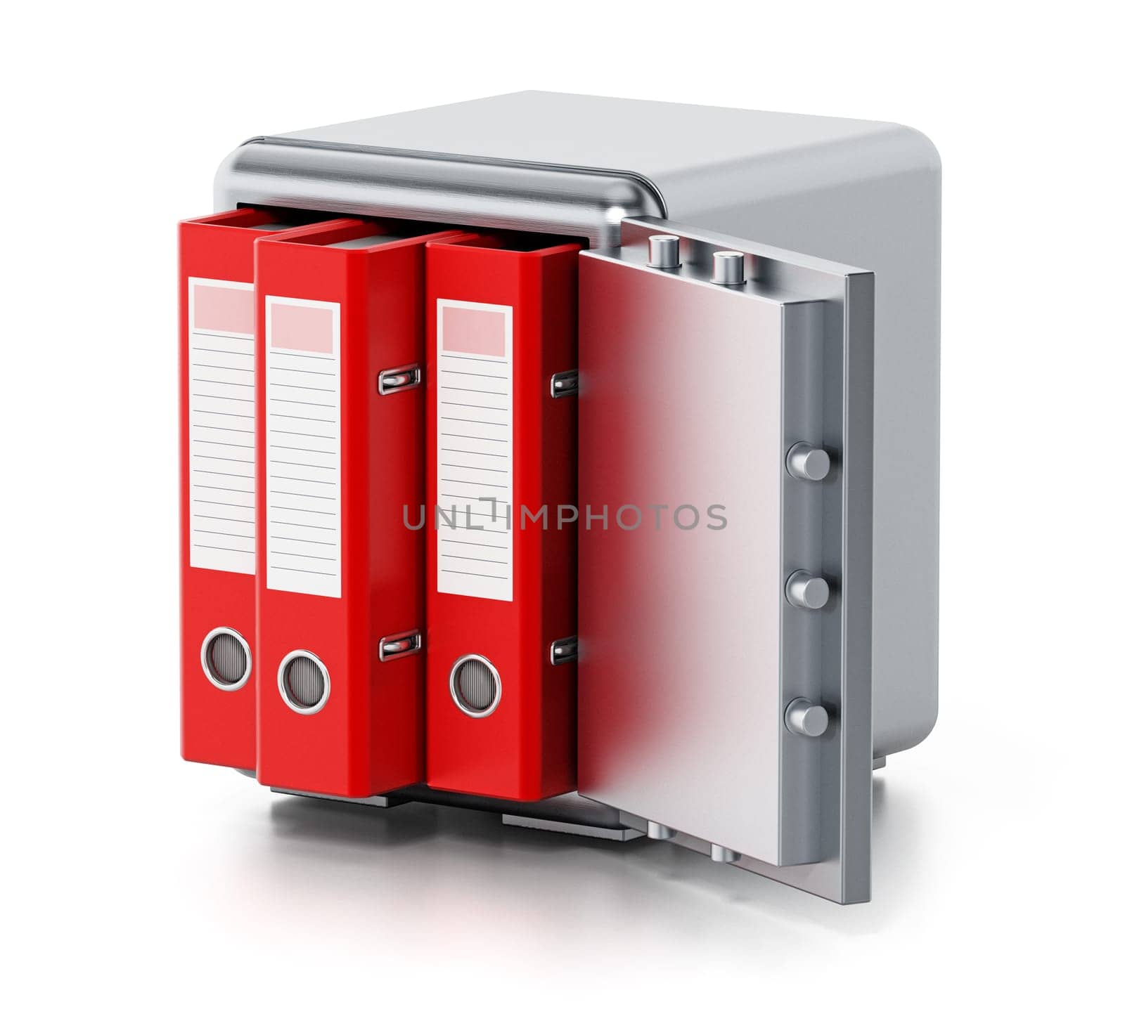 Red folders inside steel safe isolated on white background. 3D illustration.