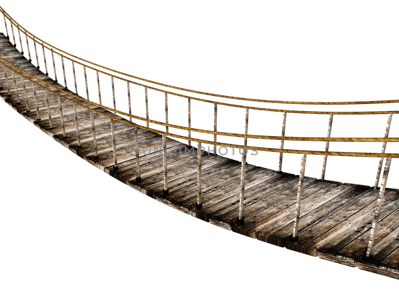 Old wooden suspended bridge isolated on white background. 3D illustration.