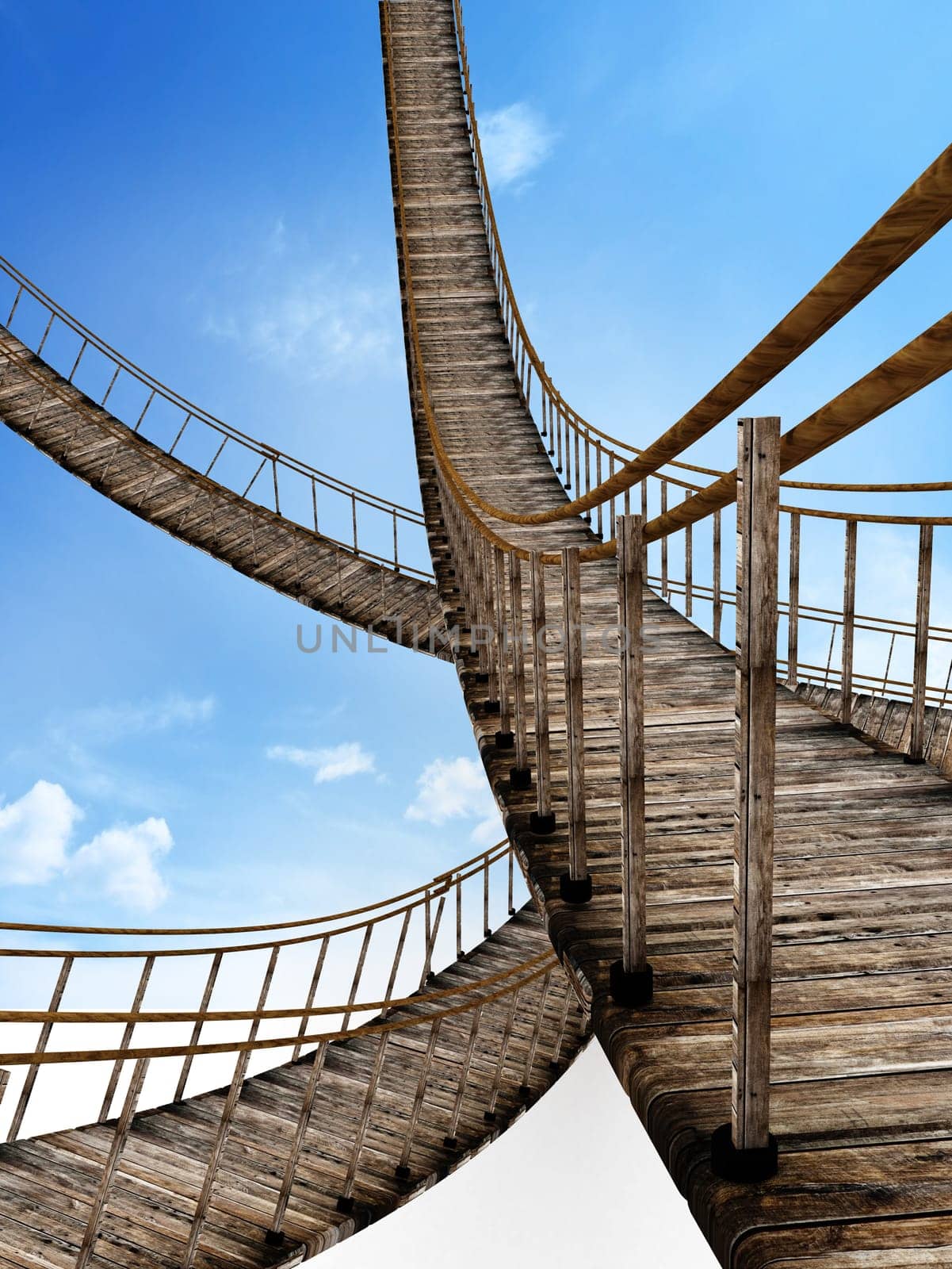 Old wooden suspended bridges against blue sky. 3D illustration.