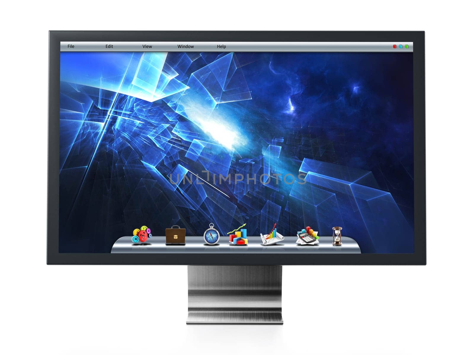 Computer monitor with blue desktop wallpaper. 3D illustration.