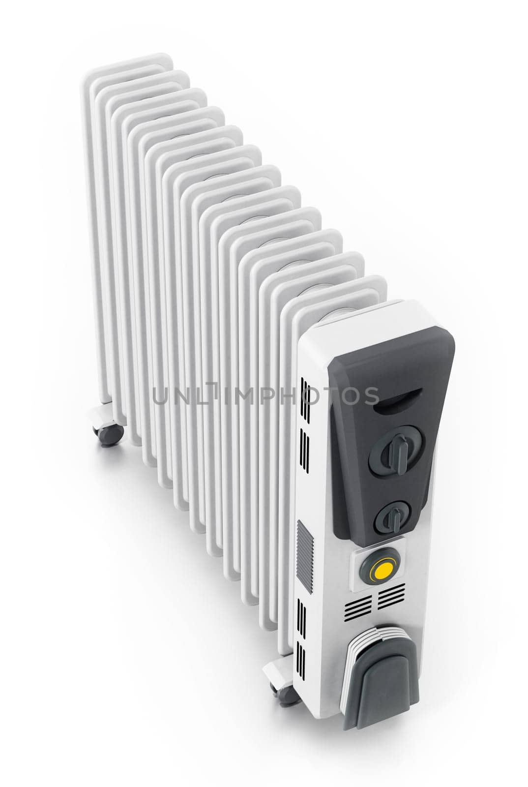 Modern oil radiator isolated on white background. 3D illustration.