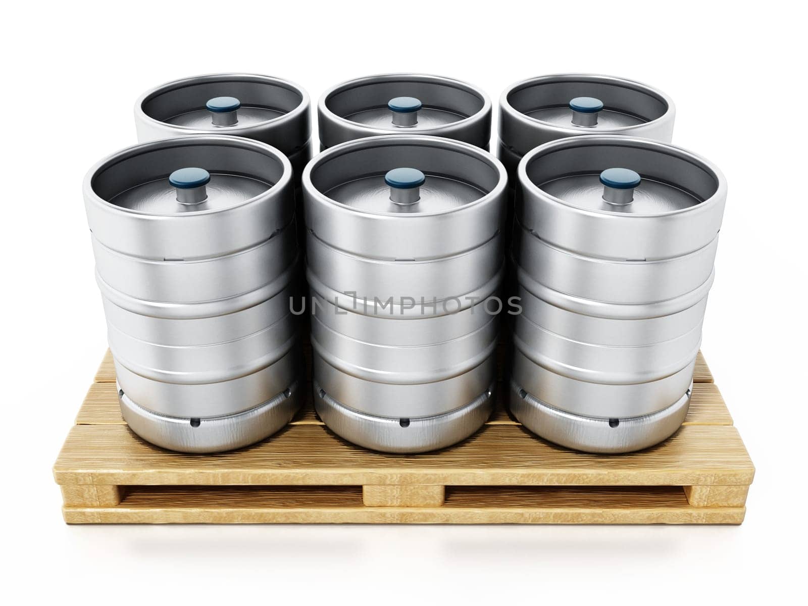 Stack of metal beer kegs standing on wooden pallette. 3D illustration.