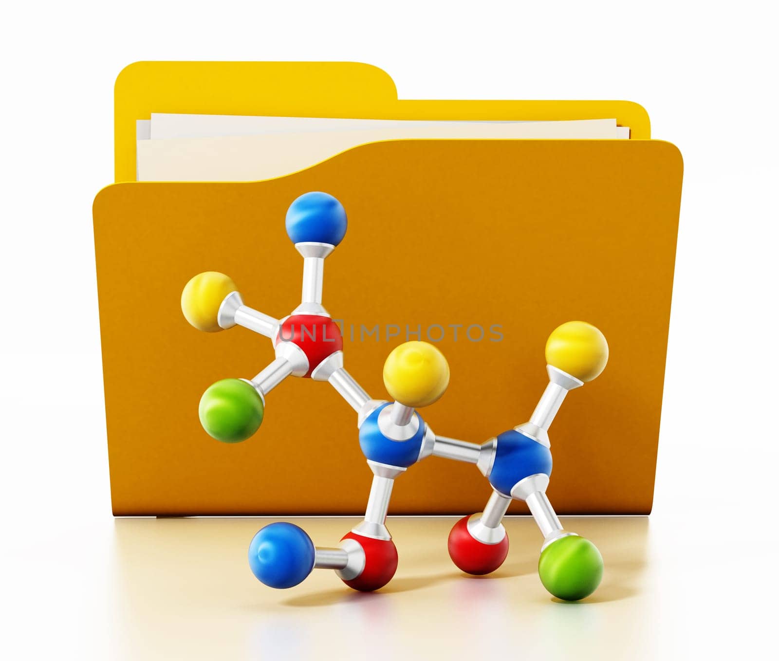 Open yellow folder and multi colored molecule model. 3D illustration.