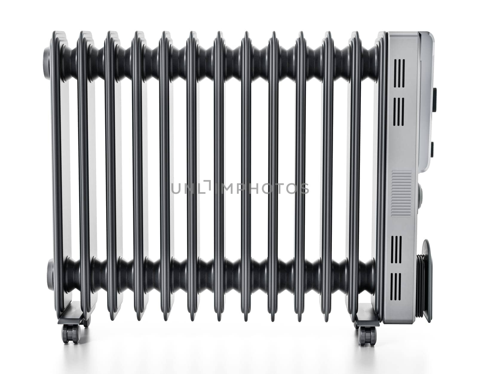 Modern oil radiator isolated on white background. 3D illustration.