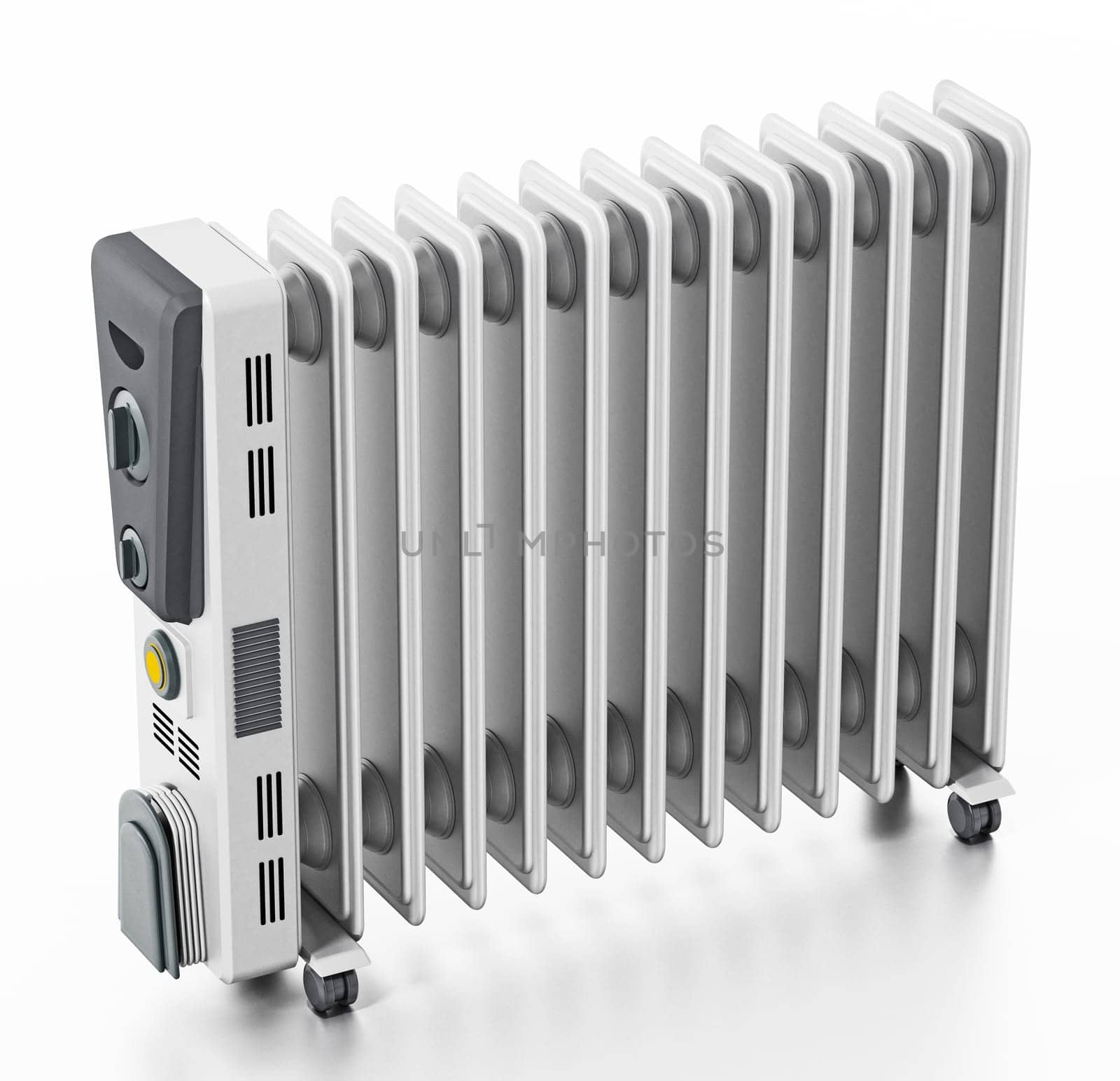 Modern oil radiator isolated on white background. 3D illustration.