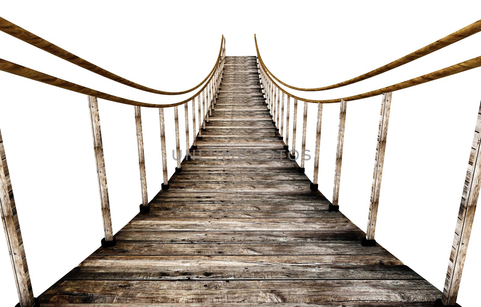 Old wooden suspended bridge isolated on white background. 3D illustration.