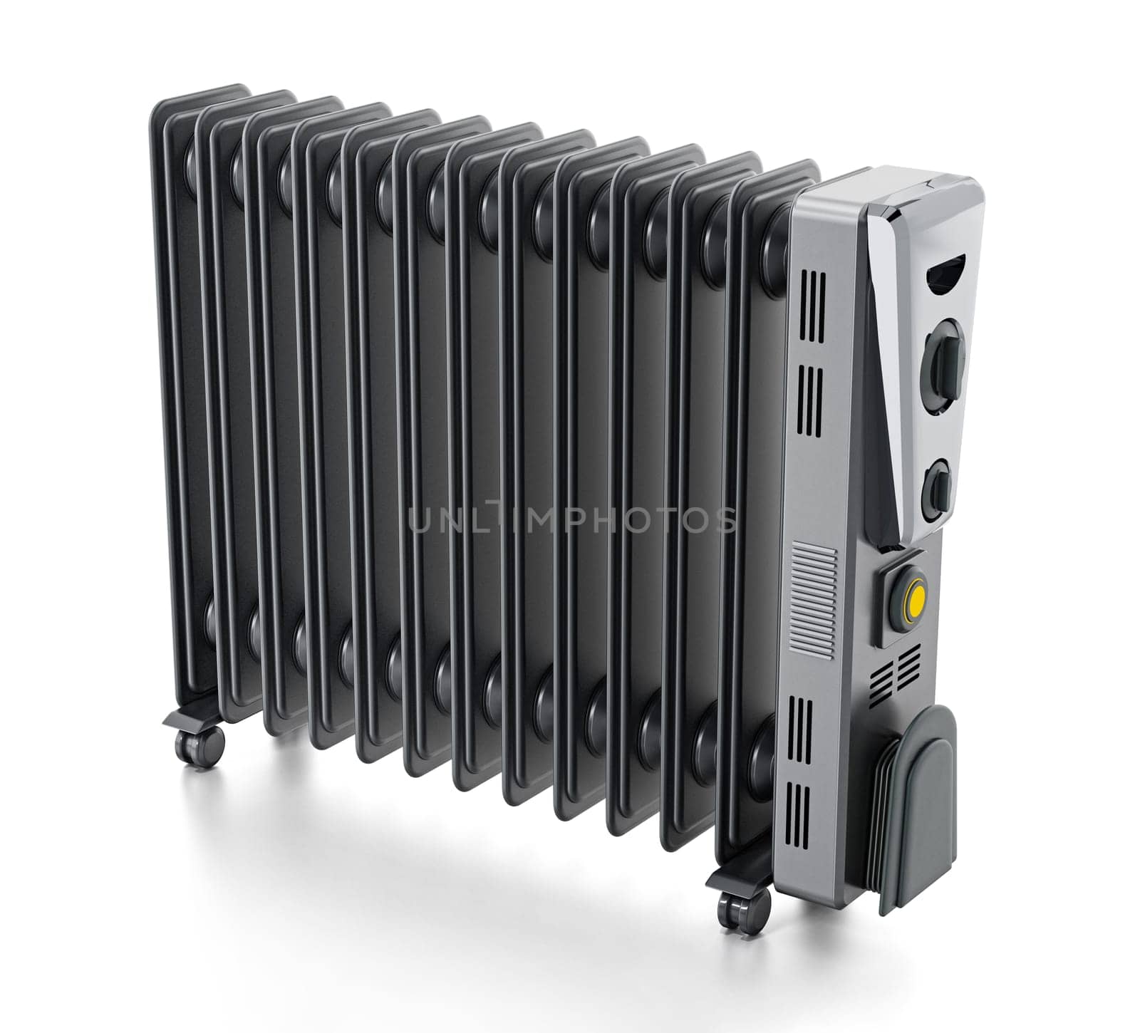 Modern oil radiator isolated on white background. 3D illustration.