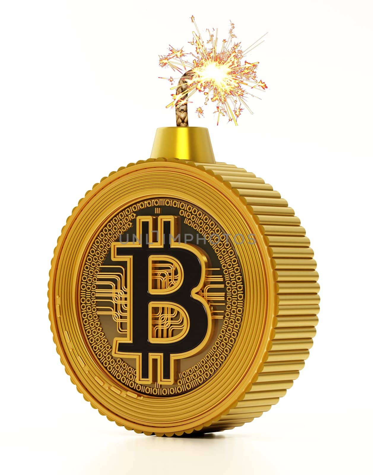 Bitcoin bomb with burning fuse. 3D illustration.